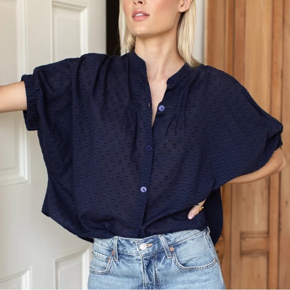 Emerson Fry India Collection Mandarin Collar Top Maritime Swiss Dot Organic OS - Picture 1 of 10